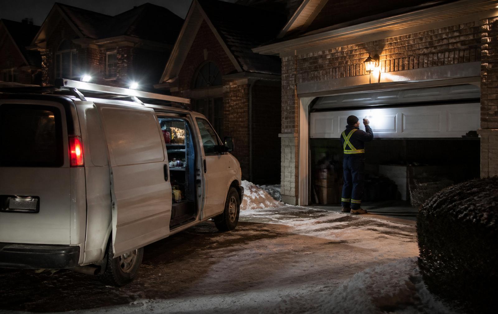 Emergency garage door technician beside a service van at night